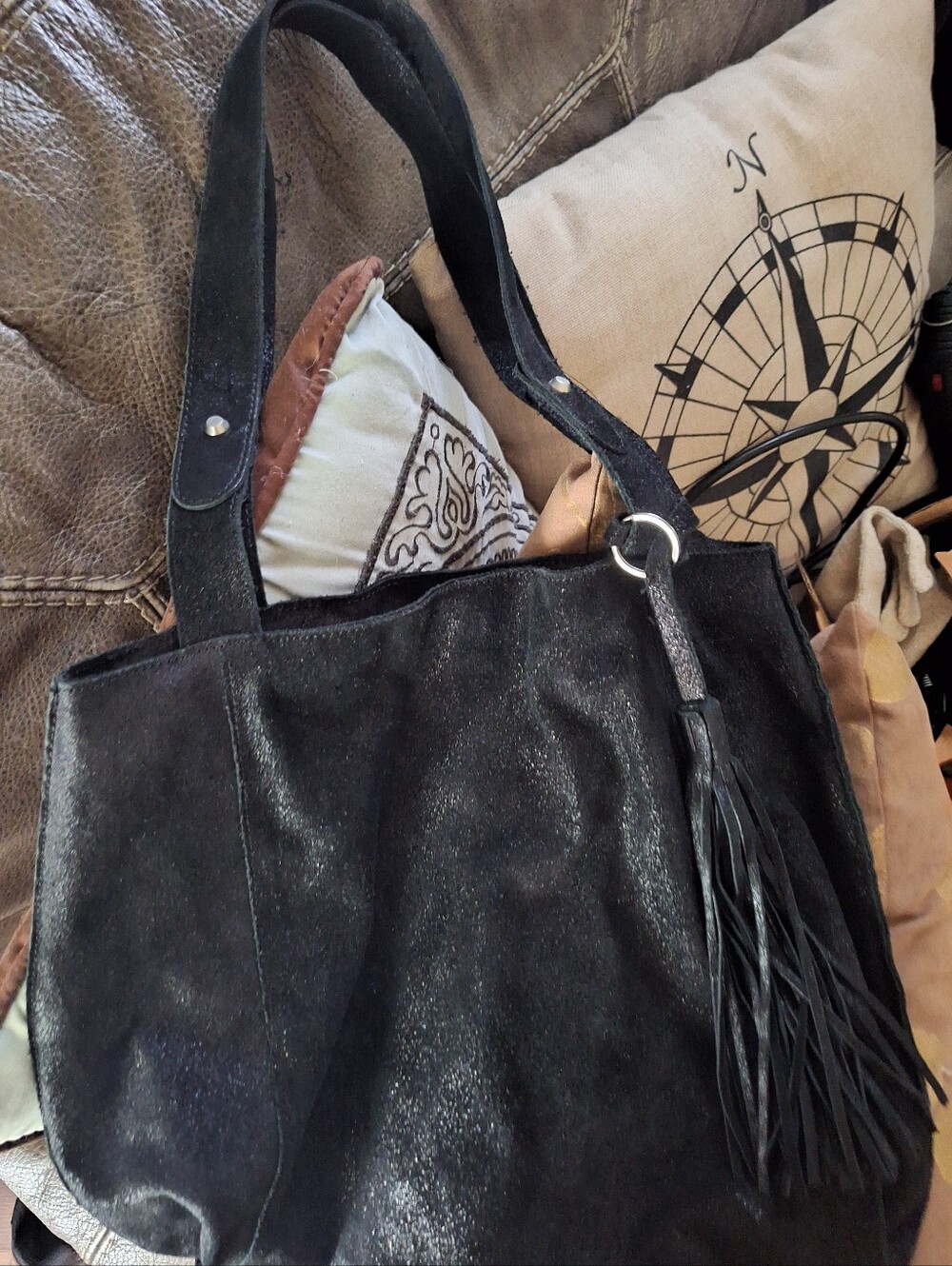 Vintage Banana Republic Black  Shimmer Suede Leather Tassel Tote Bag PRISTINE **